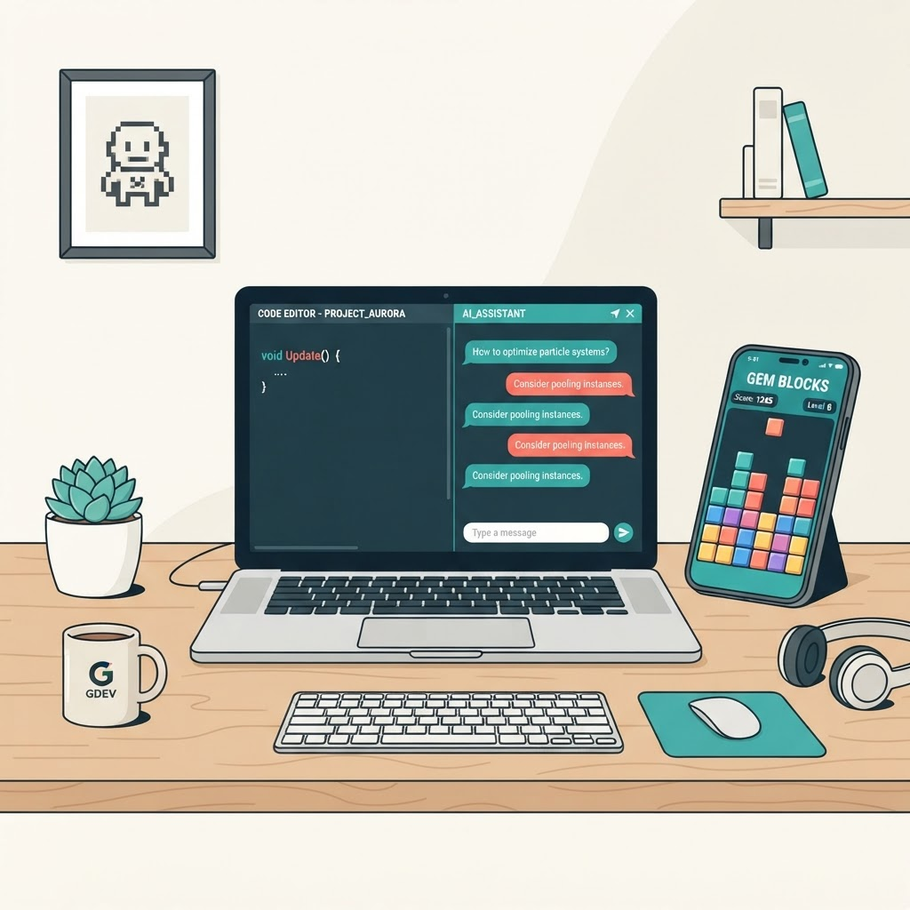 A solo developer's desk with a laptop showing a code editor and AI chat, beside a phone running a block puzzle game